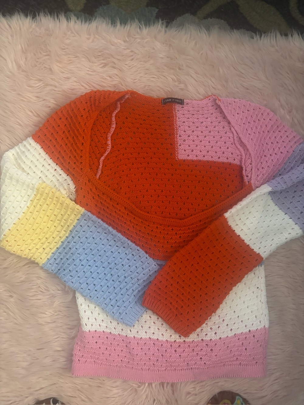 Colorblock Open-Knit V-Neck Sweater — Multi-Color